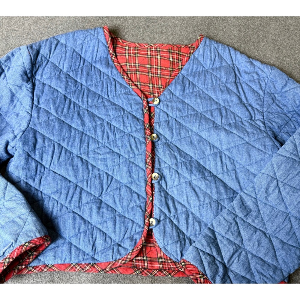 Natural Impressions Blue Quilted Denim Plaid Lined Cropped Jacket Womens Large